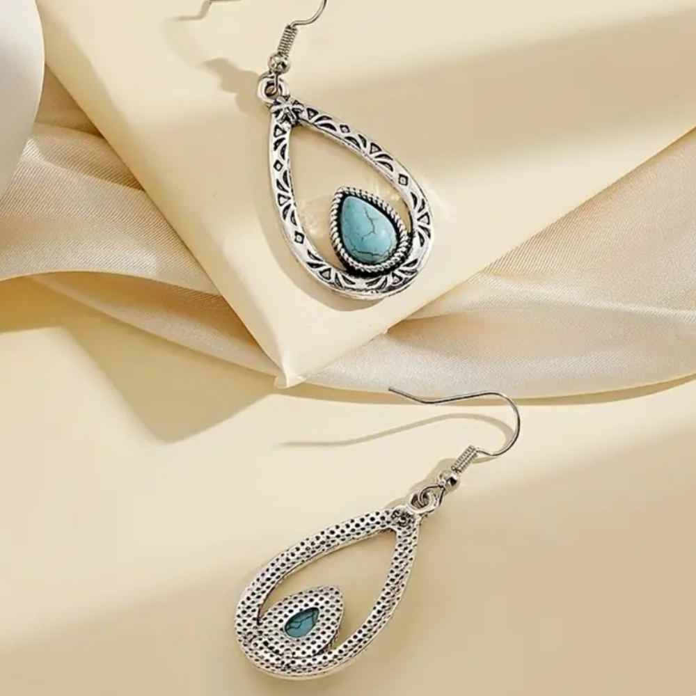 Nwt Bohemian Faux Turquoise Earrings Vintage Water Drop Hollow Out Dangle - Picture 2 of 4